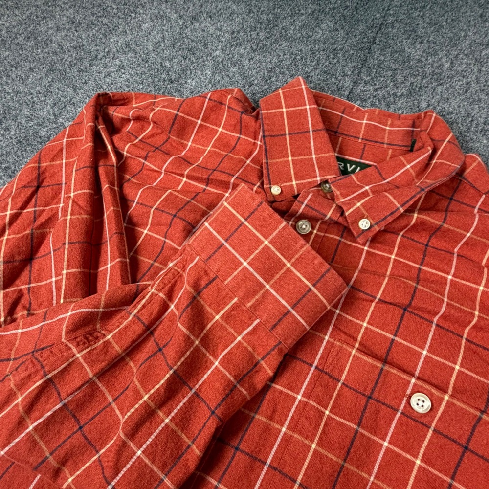Orvis Country Twill Mens XL Orange Plaid Long Sleeve Button Down Cotton Shirt